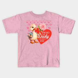 Illustration of Duck Holding a Flower Vintage Style - Valentine's Art - Valentine's Gift Kids T-Shirt